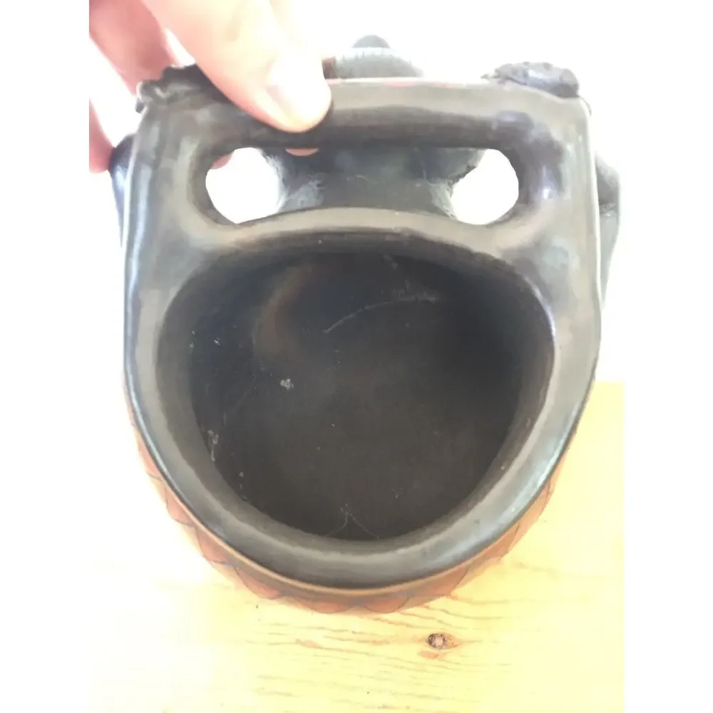 Vtg Handmade Barro Negro Black Pottery Mexican Figure Flower Vase Pot Planter